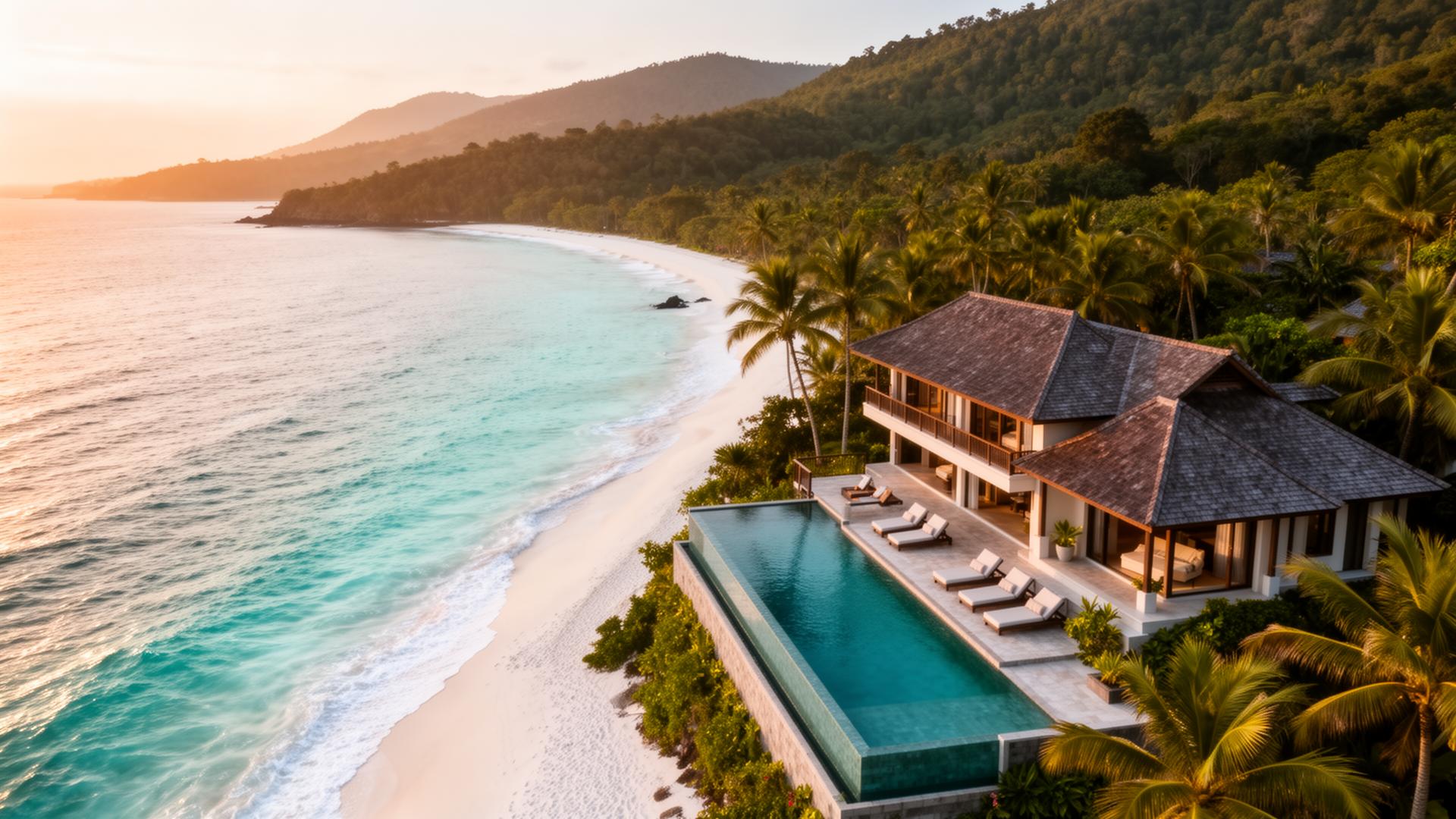 Luxe villa op Lombok aan turquoise oceaan bij zonsondergang
